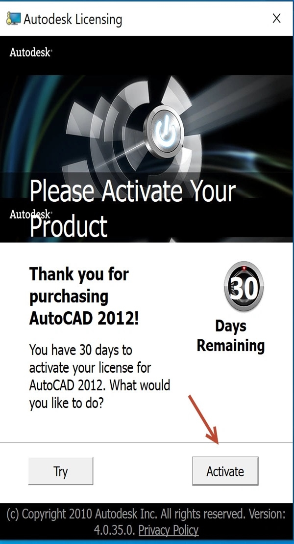 Mở AutoCAD 2012, chọn Activate để kích hoạt phần mềm