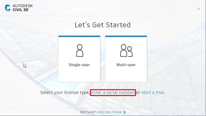 Chọn Enter Serial Number kích hoạt phần mềm Cách Kích Hoạt Bản Quyền Civil 3D 2020 Vĩnh Viễn