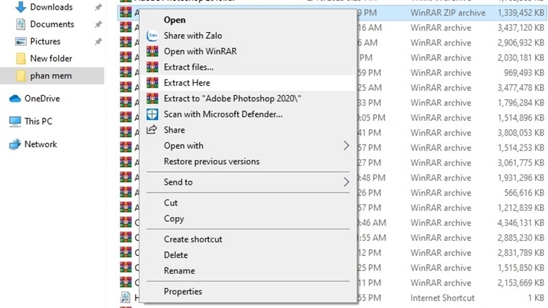 Giải nén thư mục Photoshop 2020
