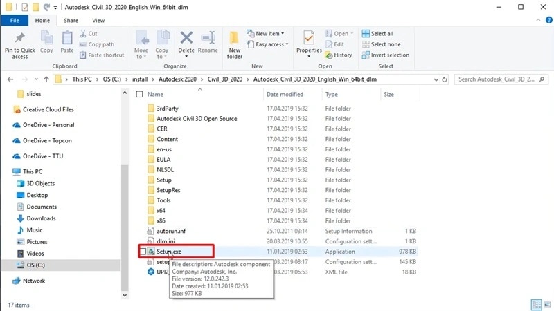 Chạy Setup Civil 3D 2020 với Admin Mở file để cài đặt