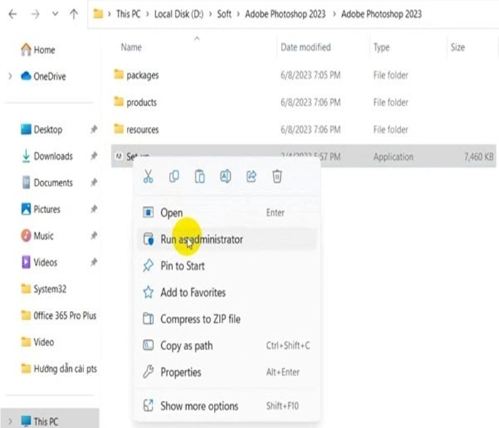 Nhấp chọn Run as administrator để mở Photoshop với quyền quản trị tải phần mềm nhanh chóng