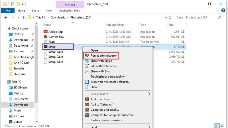 Nhấp chọn Run as administrator hướng dẫn tải photoshop 2024 và cài đặt chi tiết