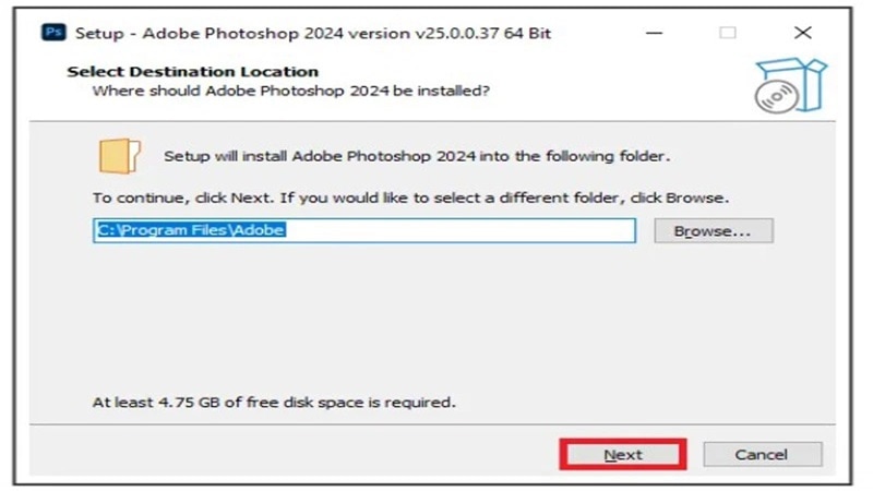 Nhấn Next cách tải photoshop 2024 kèm hướng dẫn cài đặt từng bước