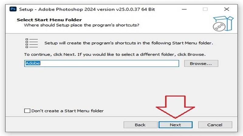 Nhấn Next tải và cài đặt photoshop 2024 đơn giản cho người mới