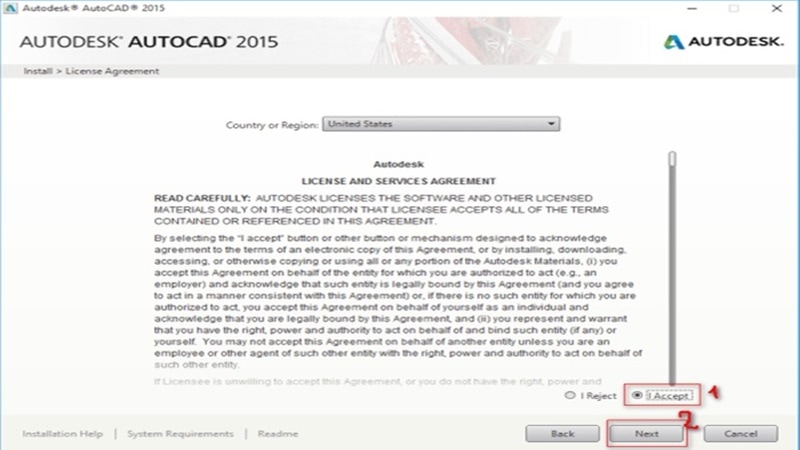 Chọn “I Accept” để đồng ý với điều khoản, sau đó bấm “Next” cài đặt phần mềm autocad 2015