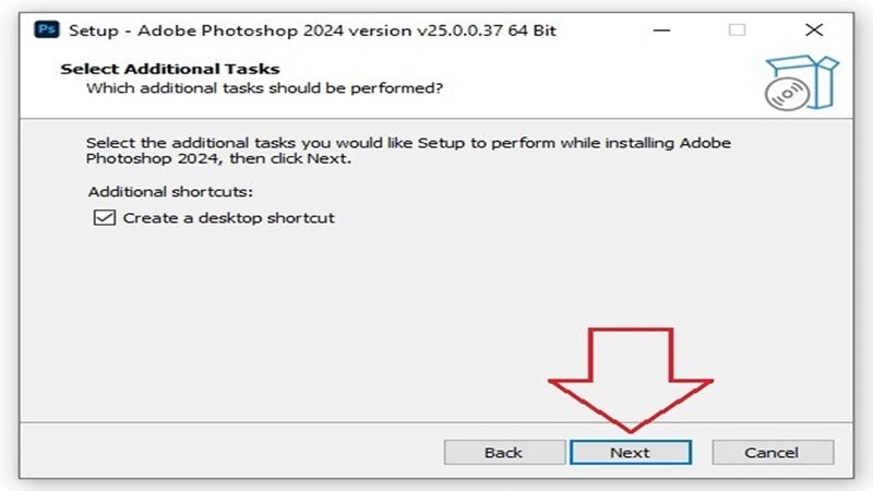 Đánh dấu chọn ô Create a desktop shortcut và bấm Next hướng dẫn chi tiết tải và cài đặt photoshop 2024 trên máy tính