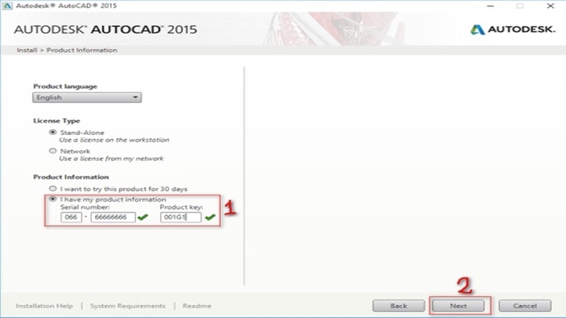 Nhập mã: 666-69696969 và 001G1, nhấn Next Tải autocad 2015 miễn phí