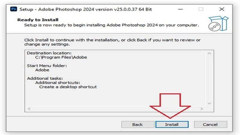 Bấm vào nút Install tải photoshop 2024 và cách cài đặt nhanh chóng, dễ hiểu