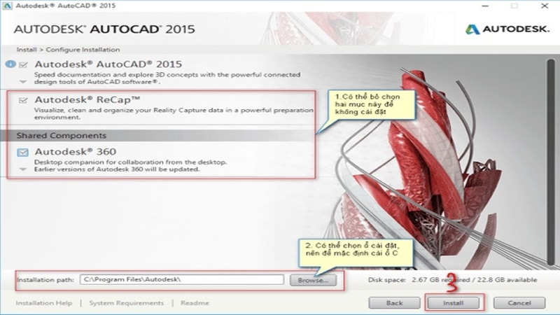 Nhấn “Install” để bắt đầu quá trình cài đặt cài đặt aotucad 2015