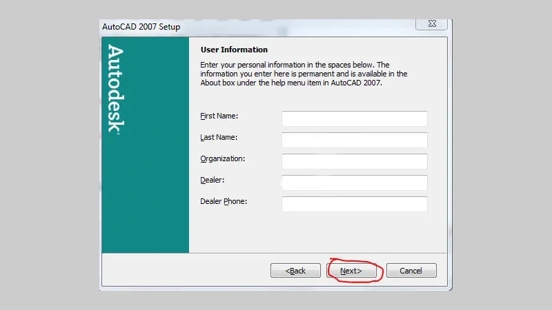 Điền thông tin (hoặc bỏ trống), bấm Next