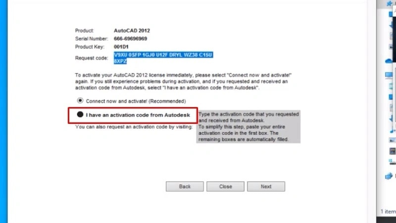 Chọn “I have a code”, dán mã vào ô kích hoạt AutoCAD