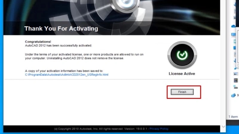 Nhấn Next rồi Finish để hoàn tất kích hoạt AutoCAD 2012