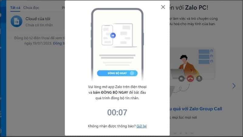 Chọn đồng bộ tin nhắn, chờ dữ liệu tải về hoàn tất. Mở Zalo trên máy tính, đăng nhập bằng tài khoản điện thoại.
