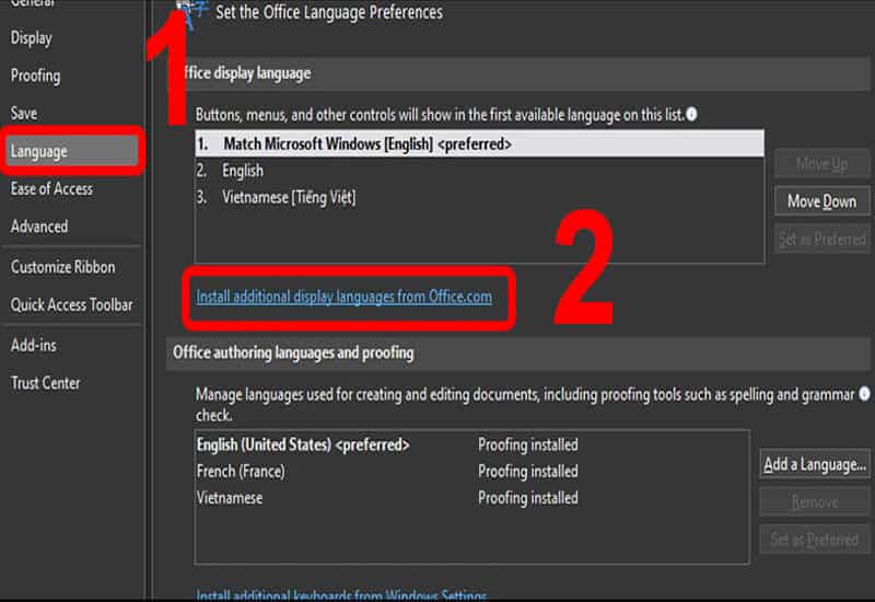 Cài đặt gói, chọn làm ngôn ngữ hiển thị và khởi động lại Mở Microsoft Store, tìm và tải gói ngôn ngữ Tiếng Việt