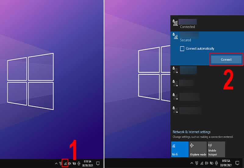 Nhấp biểu tượng Wifi trên Taskbar để xem mạng khả dụng