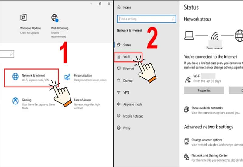 Mở Settings, chọn Network & Internet, vào Wifi.