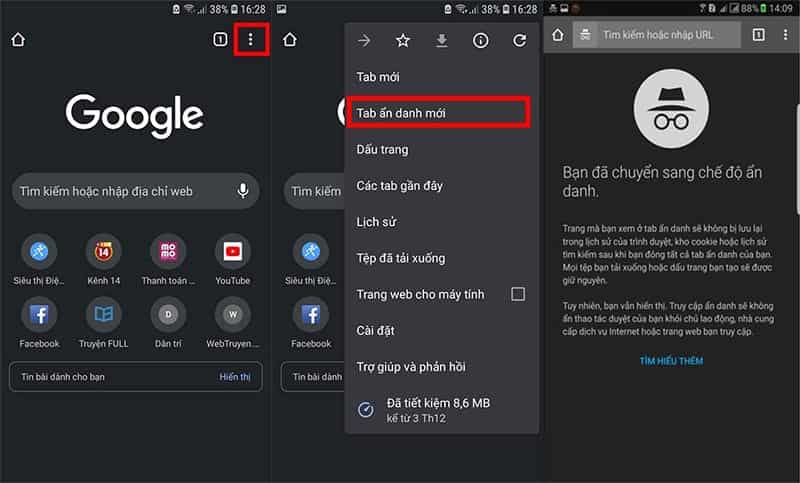 Tab ẩn danh cho phép lướt web riêng tư, không lưu dữ liệu thiết bị