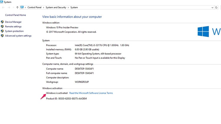 Kiểm tra Win bản quyền qua Windows activation